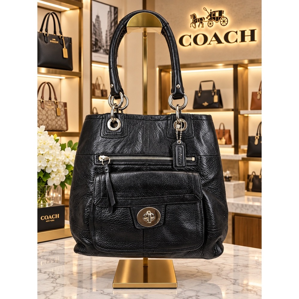 Coach Hampton Black Pebbled Leather Carryall Tote Bag F15694
